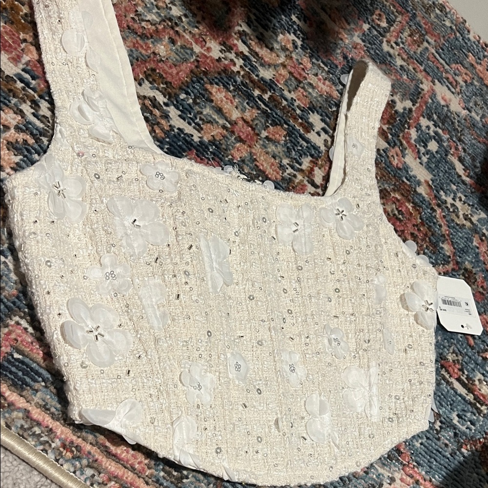 Altar'd State White Tweed Floral Appliqué Crop Top